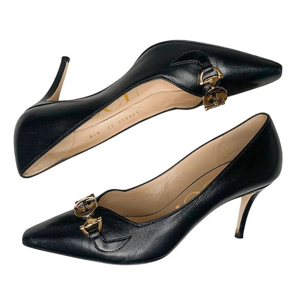 Gucci Zumi Black Leather Heels 37 EU 7 US Interlocking G Horsebit Made in Italy - Picture 7 of 13